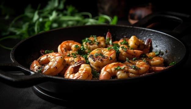 Langostino a la parrilla y plato de verduras una comida gourmet de mariscos generada por IA