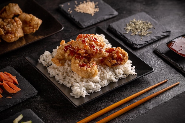 Langostinos rebozados en tempura con salsa de chili dulce