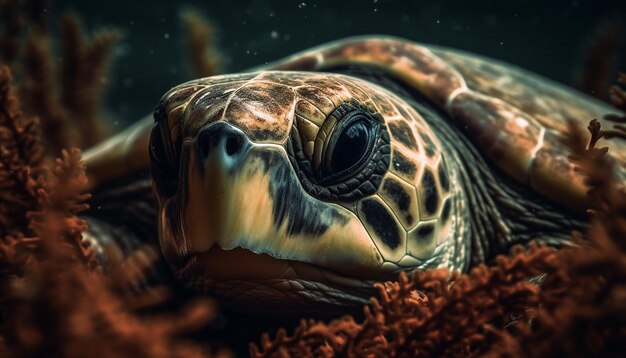 Langsam schwimmende Meeresschildkröte in einem natürlichen Riff, umgeben von Meerestieren, die durch künstliche Intelligenz erzeugt wurden