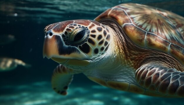 Langsam schwimmende Meeresschildkröte in tropischen Gewässern, erzeugt durch KI