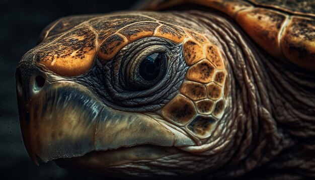 Langsame Schildkröte mit niedlichen Markierungen und zäher Schale, die unter Wasser nach oben schaut, erzeugt von künstlicher Intelligenz