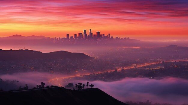 Langsamer Schwenk der Innenstadt von Los Angeles, aufgenommen von East LA während des Sonnenuntergangs. Generative KI