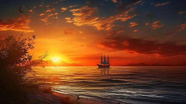 Langzeitbelichtung des leuchtend orangefarbenen Sonnenuntergangshimmels über dem plätschernden Meer in der Abendzeit