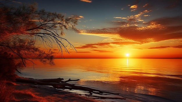 Langzeitbelichtung des leuchtend orangefarbenen Sonnenuntergangshimmels über dem plätschernden Meer in der Abendzeit