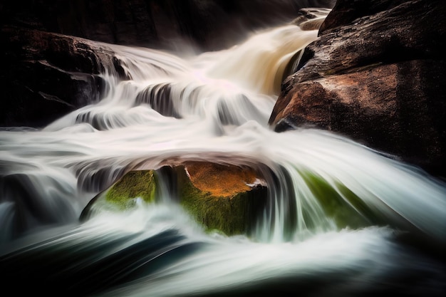 Langzeitbelichtung eines rauschenden Wasserfalls, dessen Wasserfluss verschwommen und verzerrt ist