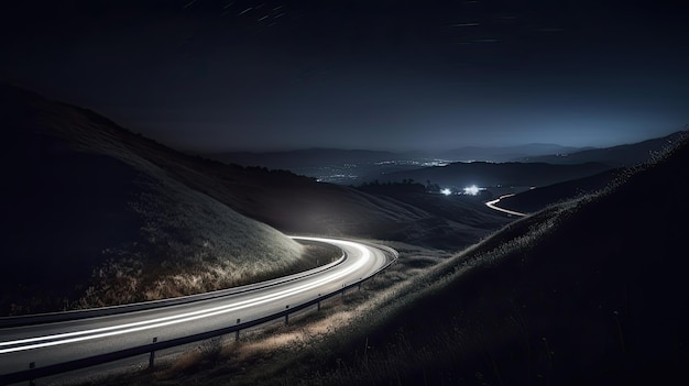 Langzeitbelichtung Naturlandschaft Straßenbeleuchtung Hintergrund Generative KI