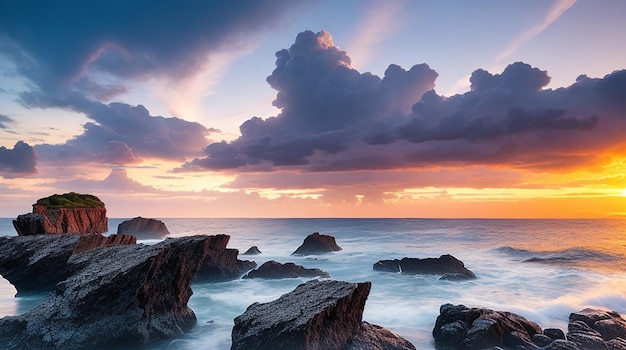 Langzeitbelichtungsbild von dramatischer Himmels- und Meereslandschaft mit Felsen in Sonnenuntergangsszenerie Hintergrund erstaunliches Licht