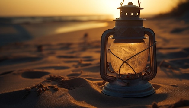 Lanterna antiga ilumina o pôr do sol romântico no litoral gerado por IA