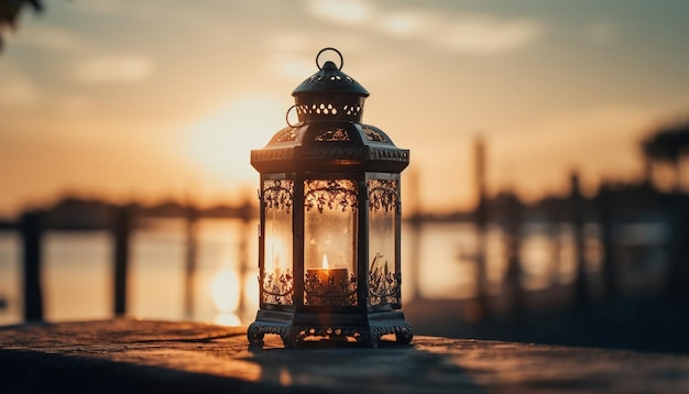 Lanterna antiga ilumina rua árabe ao entardecer gerada por IA