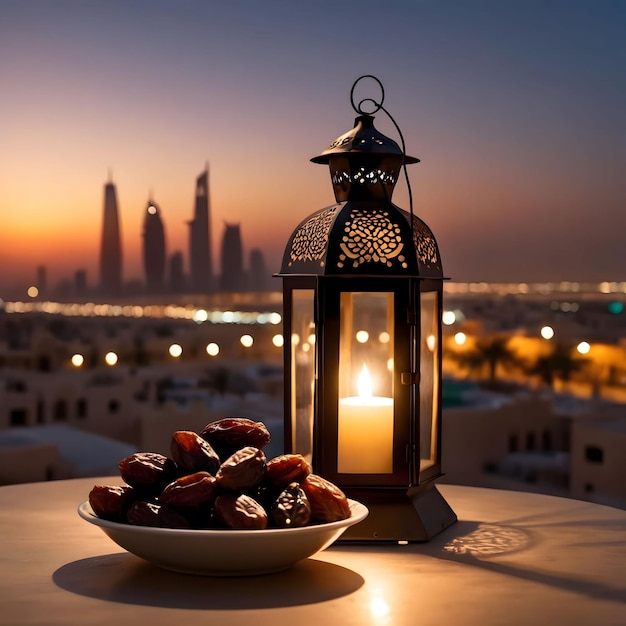 Lanterna árabe com algumas datas na mesa e o pôr-do-sol da cidade ao fundo
