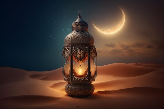Lanterna árabe com vela acesa brilhando à noite lua sobre o deserto arenoso Ramadan Generative AI 1