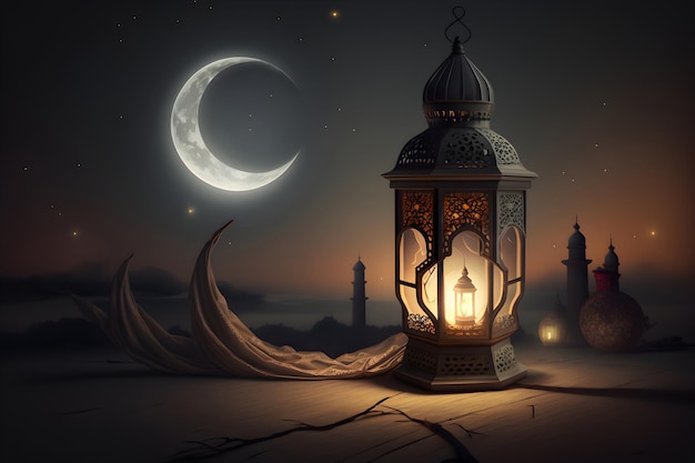 Lanterna árabe com vela acesa em uma lua de mesa marrom no céu noturno Ramadan Generative AI