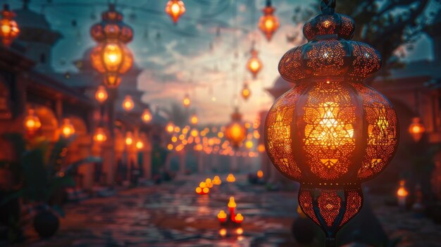 Lanterna árabe decorativa com vela ardente brilhando na noite Cartão de convite festivo para o feriado sagrado para os muçulmanos Eid al adha