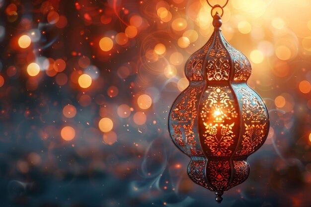 Lanterna árabe decorativa com vela ardente brilhando na noite Cartão de convite festivo para o feriado sagrado para os muçulmanos Eid al adha