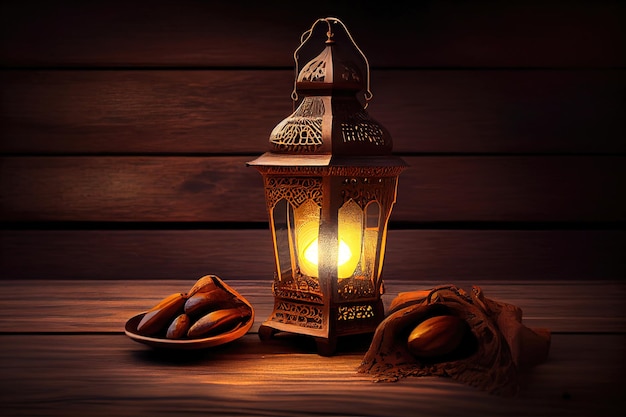 Lanterna árabe e datas com vela acesa no fundo do Ramadã