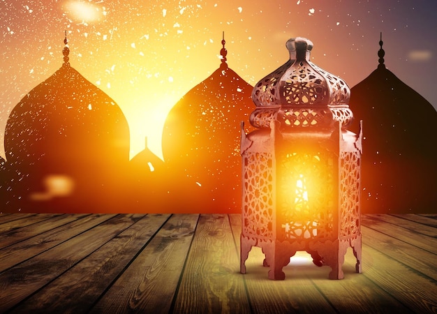 Lanterna árabe na mesa, fundo Ramadan kareem