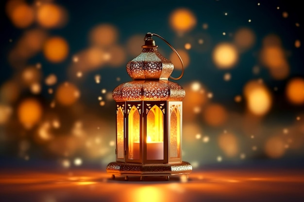 Lanterna árabe ornamental com vela acesa brilhando à noite e luzes de bokeh douradas brilhantes Convite de cartão festivo para o mês sagrado muçulmano Ramadan Kareem Generative AI