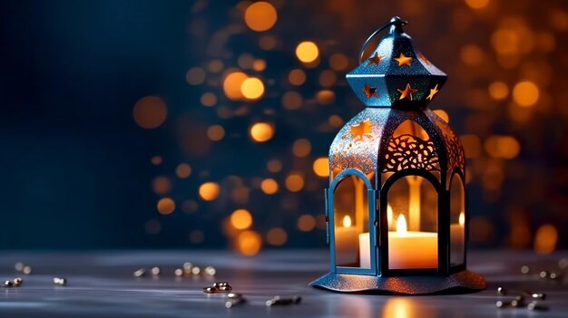 Lanterna árabe ornamental com vela acesa brilhando à noite e luzes de bokeh douradas brilhantes Convite de cartão festivo para o mês sagrado muçulmano Ramadan Kareem Generative AI
