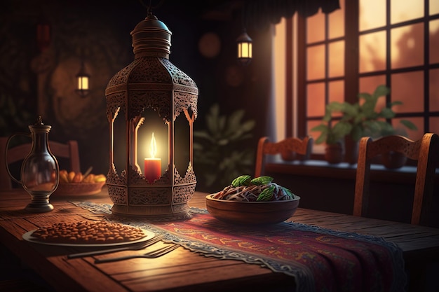 Lanterna árabe ornamental com vela acesa brilhando à noite e luzes de bokeh douradas brilhantes.
