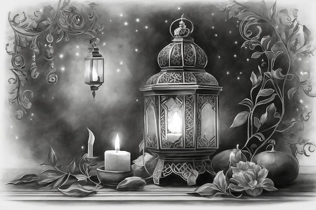 Lanterna árabe ornamental com vela ardente brilhando à noite Cartão de saudação festivo convite para o mês sagrado muçulmano Ramadan Kareem