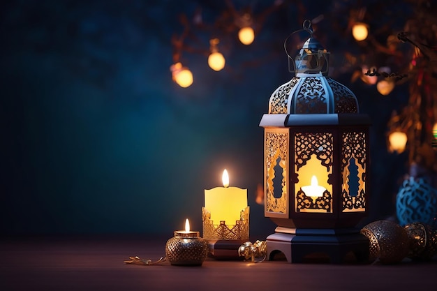 Lanterna árabe ornamental com vela ardente brilhando à noite Cartão de saudação festivo convite para o mês sagrado muçulmano Ramadan Kareem