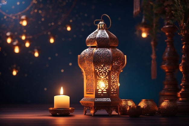 Lanterna árabe ornamental com vela ardente brilhando à noite Cartão de saudação festivo convite para o mês sagrado muçulmano Ramadan Kareem