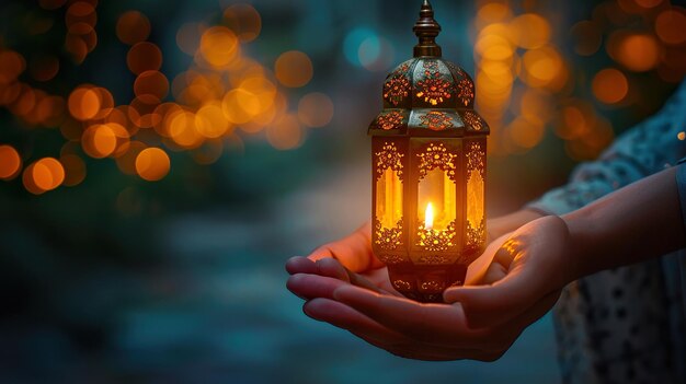 Foto lanterna árabe ornamental com vela ardente brilhando na mão