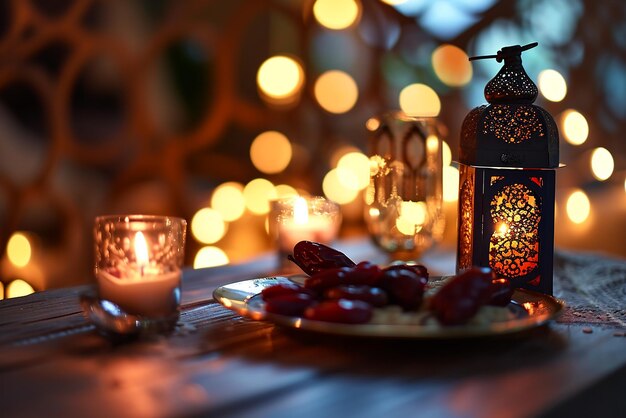 Foto lanterna árabe ornamental prato com frutas de tâmaras na mesa ramadan kareem iftar fundo do jantar