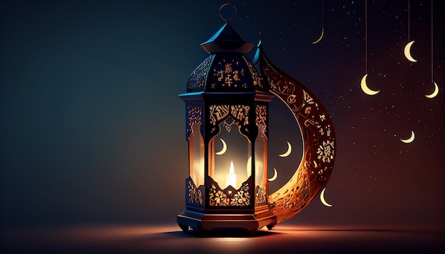 Lanterna árabe Ramadan kareem com lua crescente no fundo do céu noturno Generative AI