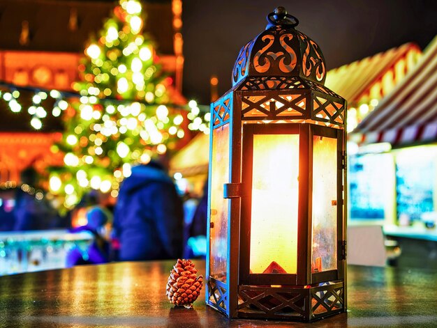 Lanterna brilhante com a vela à mesa no mercado de Natal em Riga, Letônia. Europa no inverno. Rua alemã de Natal e feira de férias. Decoração do Advento e barracas com itens de artesanato no Bazaar