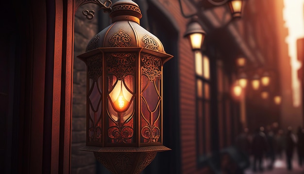 Lanterna brilhante com rua árabe em foco suave no fundo Ramadan Kareem concept Generative AI