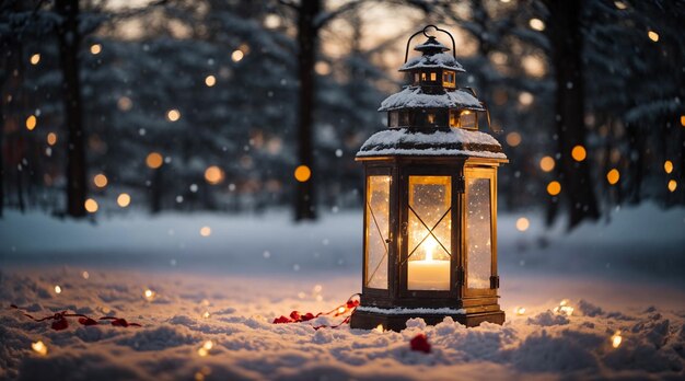 Lanterna brilhante de Natal fica em um terreno nevado contra o bokeh das luzes de férias