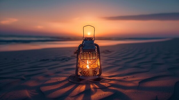 Lanterna brilhante ilumina o crepúsculo tranquilo na praia AI Generative