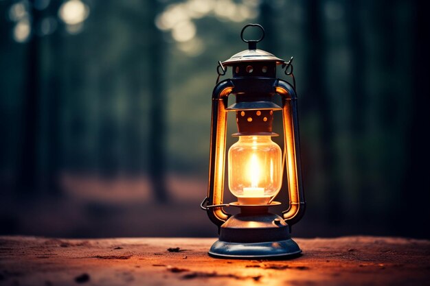 Lanterna brilhante iluminando um acampamento na floresta