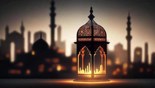 Lanterna brilhante no fundo com a cidade árabe noturna Ramadan Kareem concept Generative AI