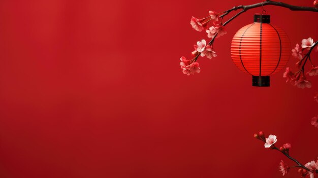 Lanterna chinesa vermelha e um ramo de sakura em fundo vermelho com espaço de cópia