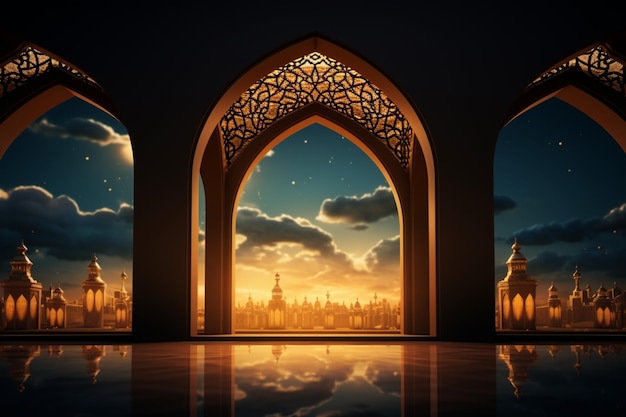 Lanterna da mesquita e pano de fundo da janela no radiante Eid Mubarak islâmico