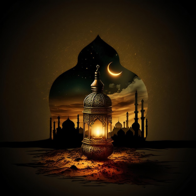 Lanterna da mesquita islâmica Ramadan kareem com lua, saudação Eid Mubarak com tecnologia generativa de IA