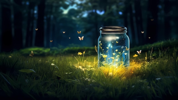 lanterna de acampamento vaga-lumes luzes de mosca-lumes fundo de fada frasco de vidro ilustração de floresta de lanterna