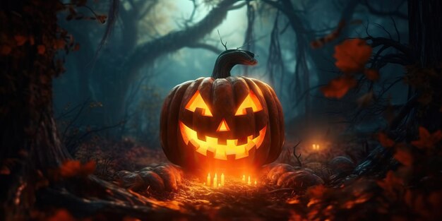 Lanterna de cabeça de abóbora de Halloween com velas acesas na floresta assustadora de noite profunda