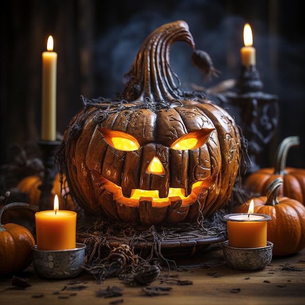 Lanterna de cabeça de abóbora de Halloween com velas acesas