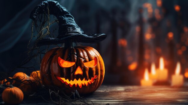 Lanterna de cabeça de abóbora de Halloween em fundo assustador