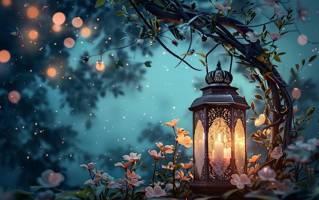 Lanterna de celebração islâmica do Ramadan em um estilo de fantasia com um fundo uniforme e flores