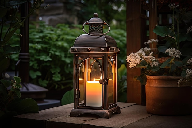 Lanterna de jardim aconchegante com brilho quente e chama bruxuleante