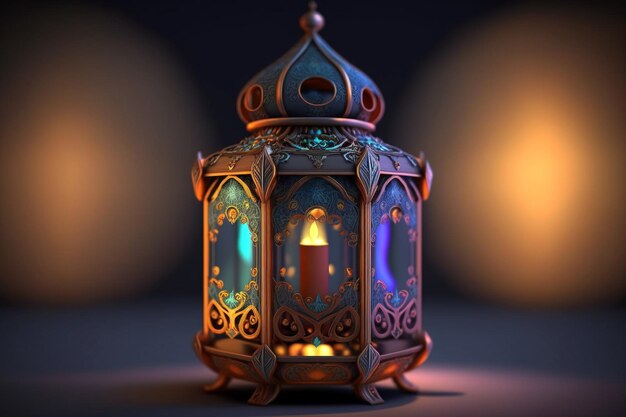 Lanterna de luxo árabe no chão com fundo bokeh Ilustração de IA generativa