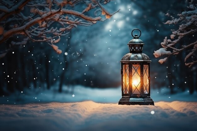 Lanterna de Natal brilhando à noite, desfoque a paisagem da floresta nevada
