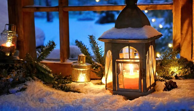 lanterna de natal com ramo de abeto e decoração na neve