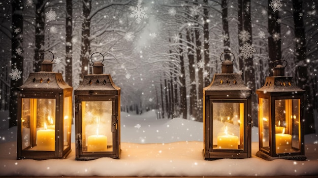 Lanterna de Natal com vela acesa no inverno IA gerativa