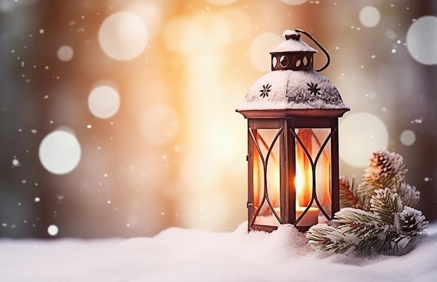 Lanterna de Natal generativa na neve com ramo de abeto em floresta desfocada com fundo bokeh
