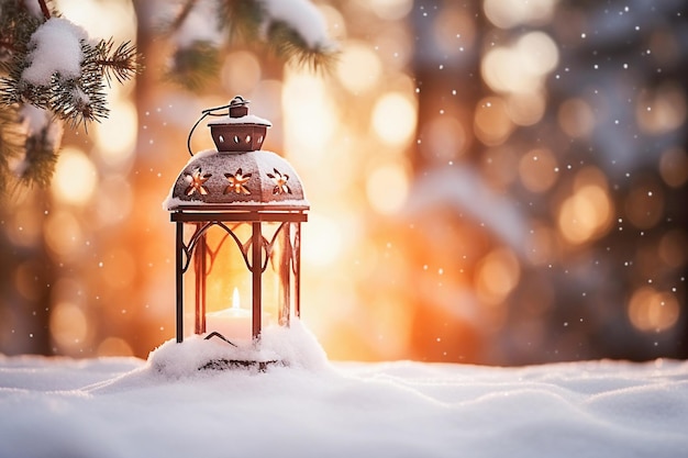 Lanterna de Natal generativa na neve com ramo de abeto em floresta desfocada com fundo bokeh